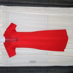 Vintage Midcentury 50's 60's 70's Red Short Sleeve Maxi Tunic W/ Beaded Trim SzM